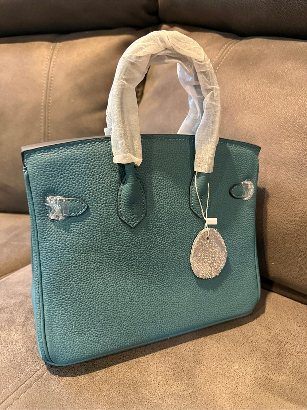 100% real leather denim color Top-Handle Bag with Gold Hardware - Picture 5 of 7